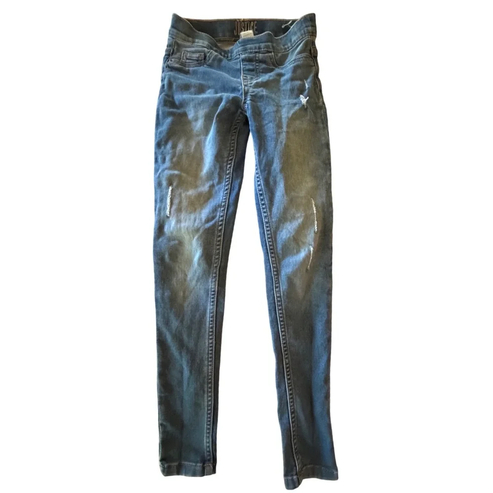Justice Girls Blue Distressed Mid Rise Denim Leggings Slim Fit Jeggings Size 10S